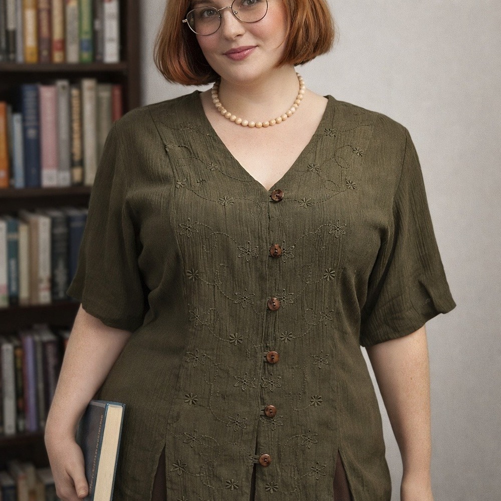 Fashion Bug Embroidered Floral Y2K Green Button up Top Size 14/16